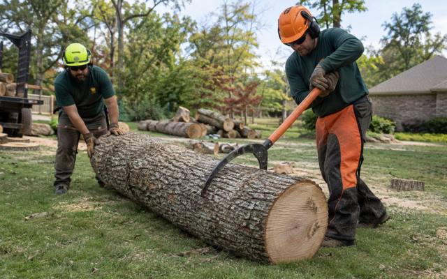 Crew lowering a large cut section during a tree removal