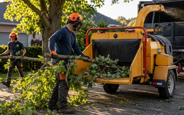 Pruning cut being made in a mature tree's canopy