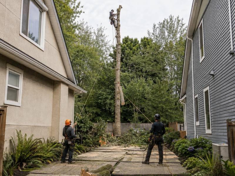 Climber ascending a tall tree on rope and spikes